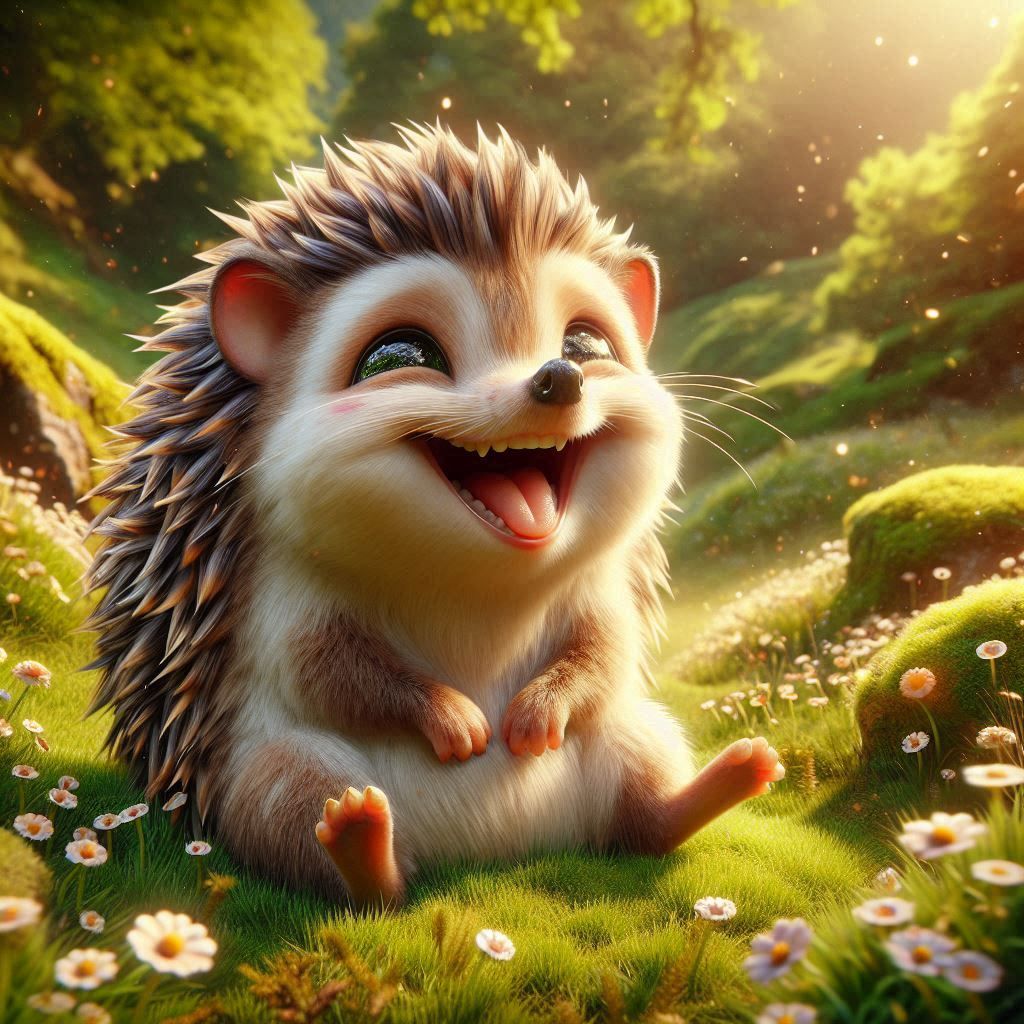 Static dutch angle shot of the hedgehog laughing so happily that his body is jiggling up and down, forward and backward,...