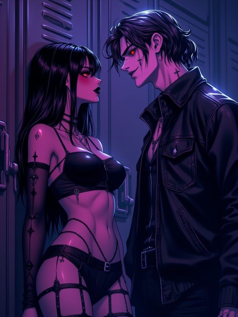 A human girl with jet-black hair, fishnets, and layered crosses stands at a high school locker, staring down a smirking vampire boy with pal...
