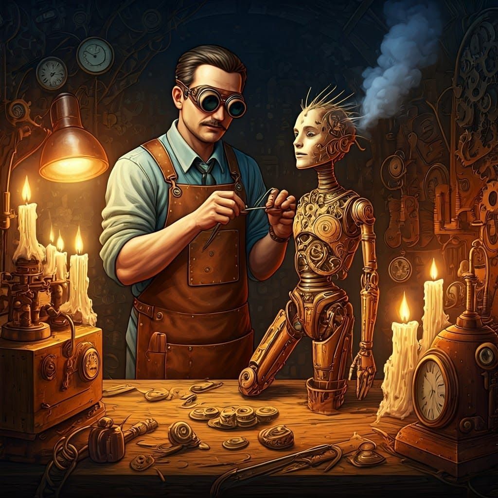 A robot inventor piecing together a fantastical human in a workshop filled with gears and gadgets.

  by @Mauro Vandal