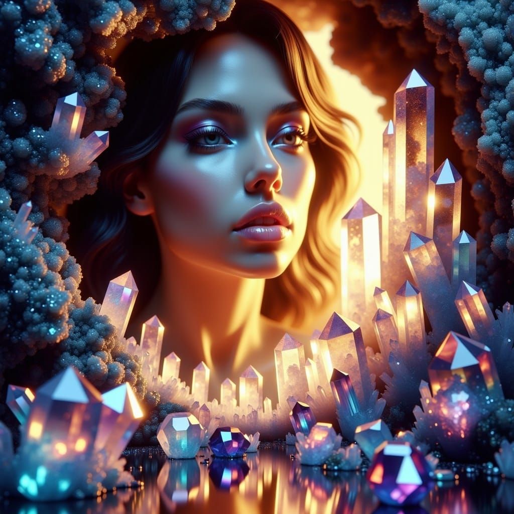 <lora:Crystallize:1.0>; a stunning photo realistic; a small dark cave  surrounded by colorful crystals; a beautiful blue faced womans face;...