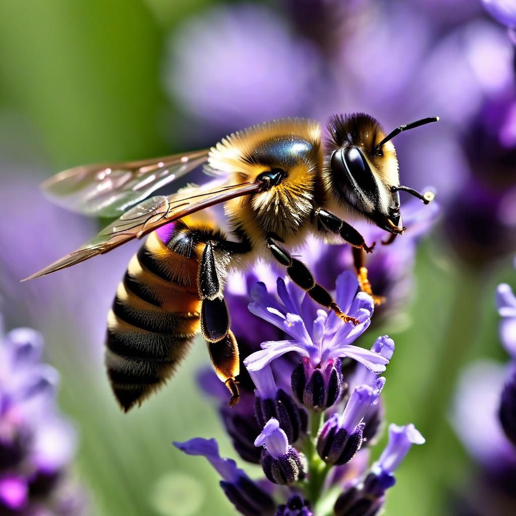 Macro Photography of a bee perched on a lavender flower.