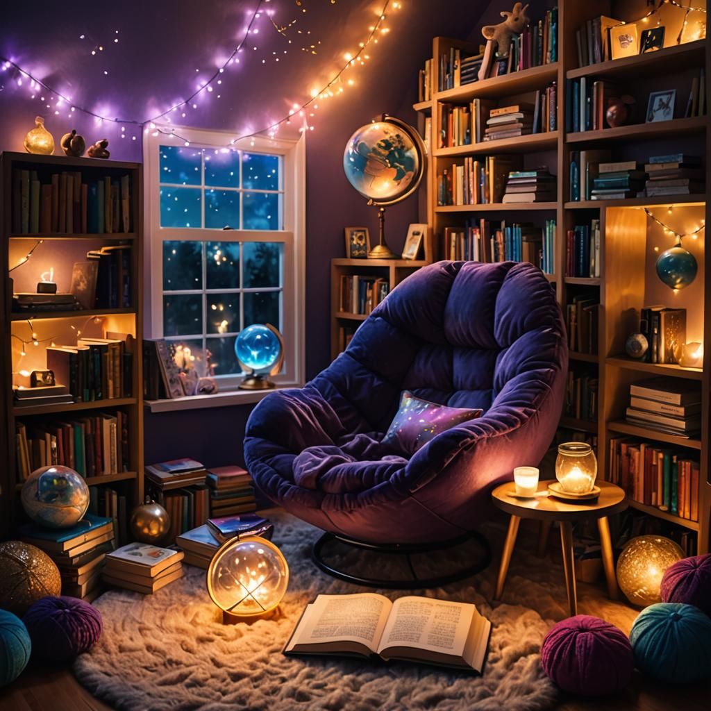 A cozy reading nook with a rainbow of books on the shelf, a plush bean bag, and a steaming cup of hot ...  by @elad888