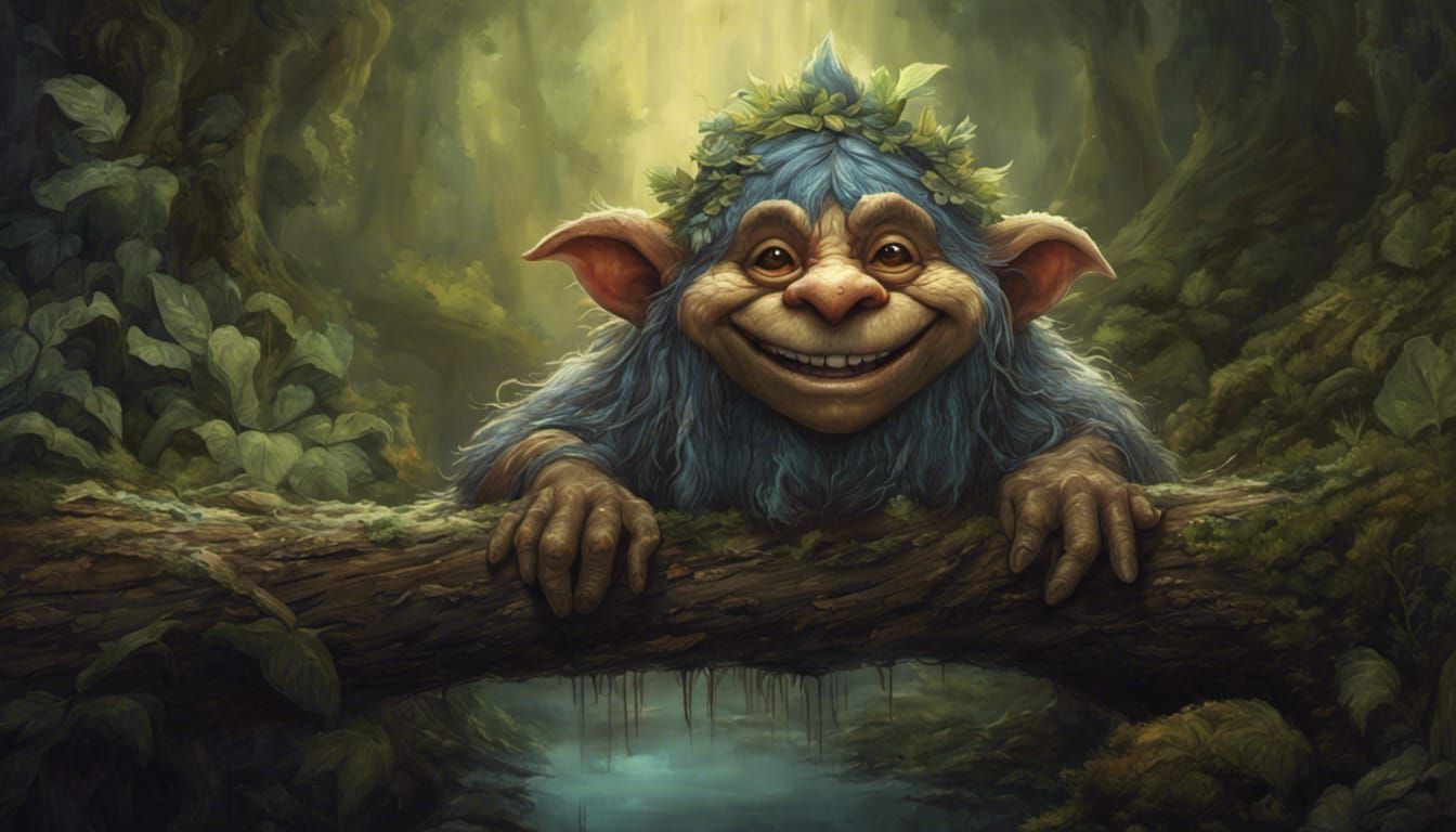 SDXL 1.0: Cute little smiling fantasy troll creature atop a log bridge ...