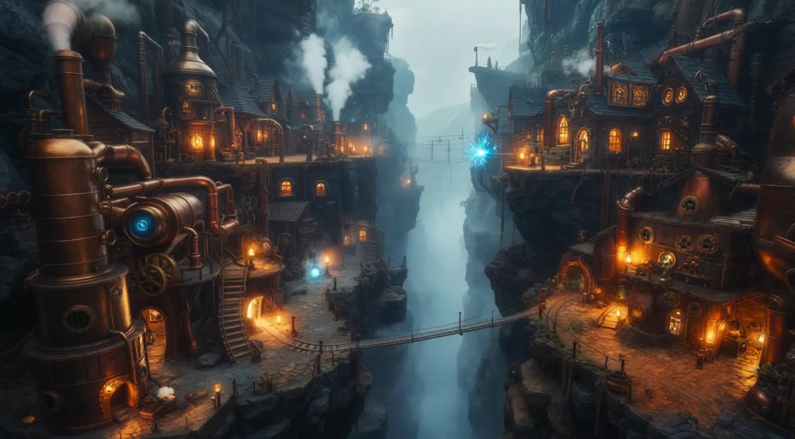 A hyper-realistic 3D cinematic sequence set in a Steampunk-themed Minecraft world. The scene unfolds inside a sprawling ...