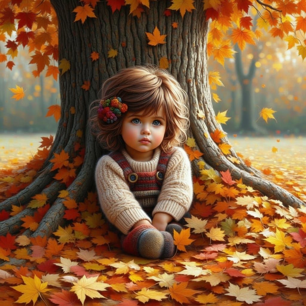 <lora:kak-Autumnal:1.0>Autumnal toddler girl sitting close to a tree