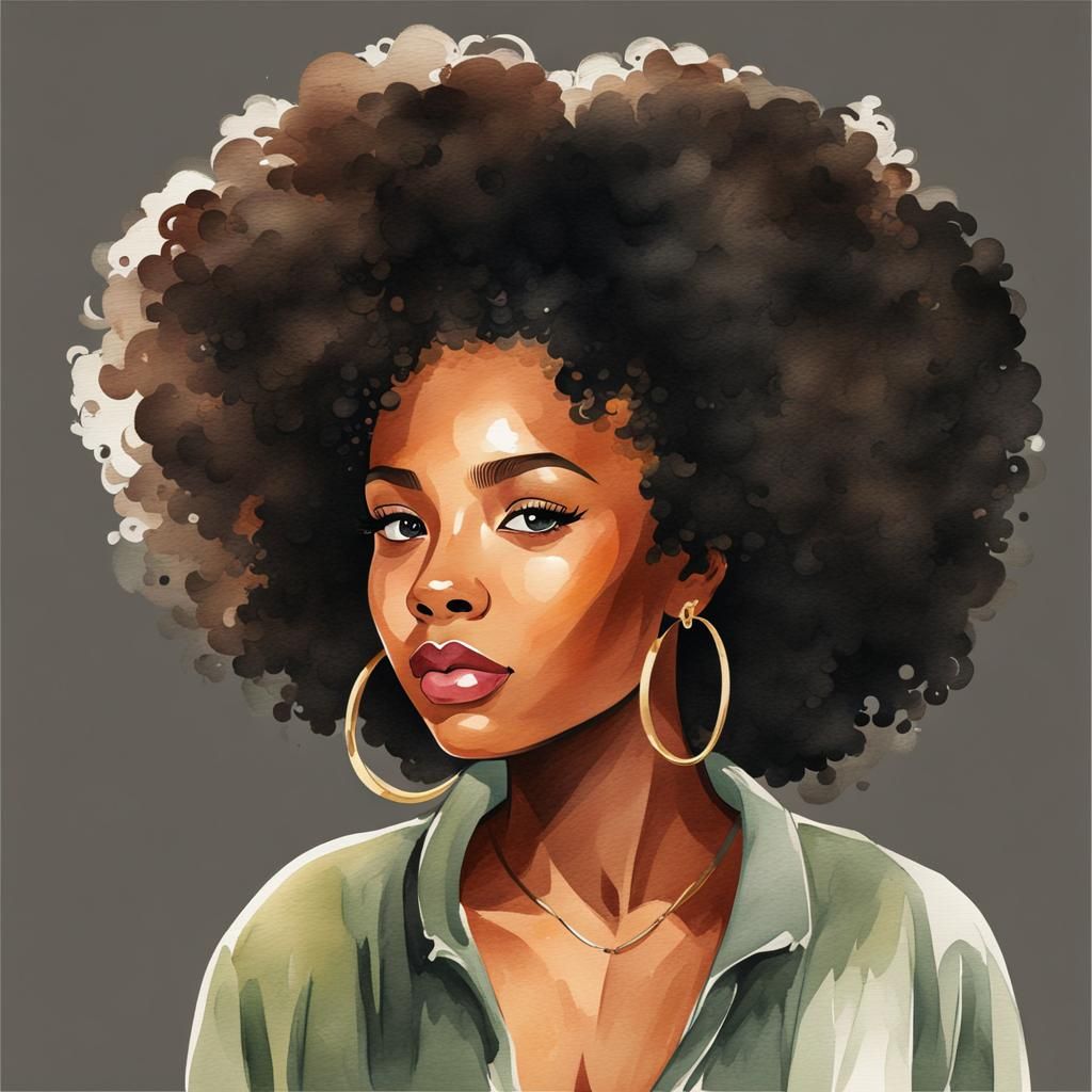 Youthful black girl with natural hair, watercolor - AI Generated ...