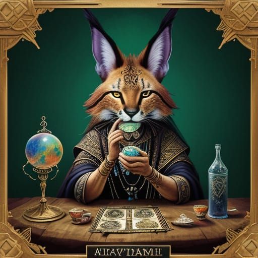 A water colour painting of A gypsy with a shrunken head sits under a tent at a table. A crystal ball sits in the table she shuffles tarot ca...