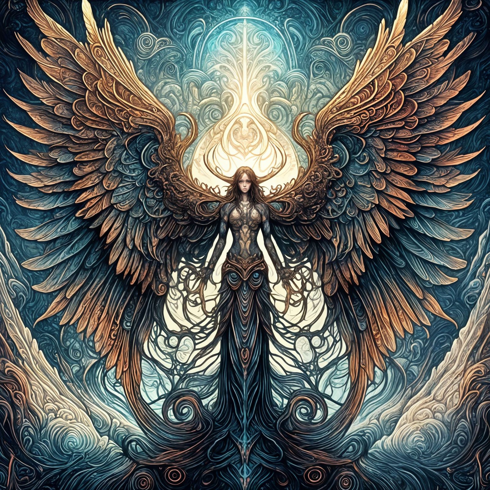 Symmetrical Anime Angel with Tentacles in Dark Horror Style