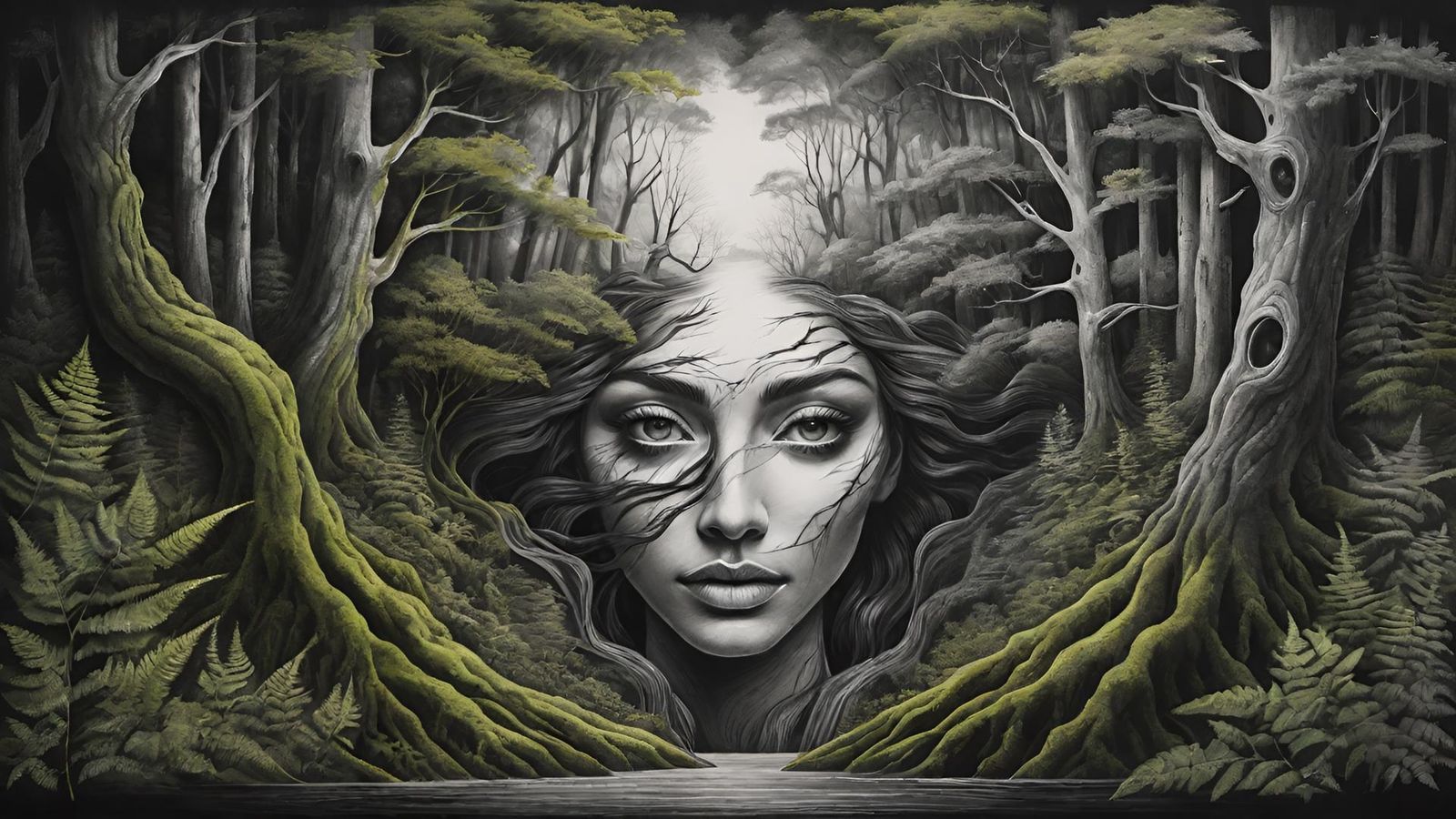 Optical illusion of a woman face with river and forest.