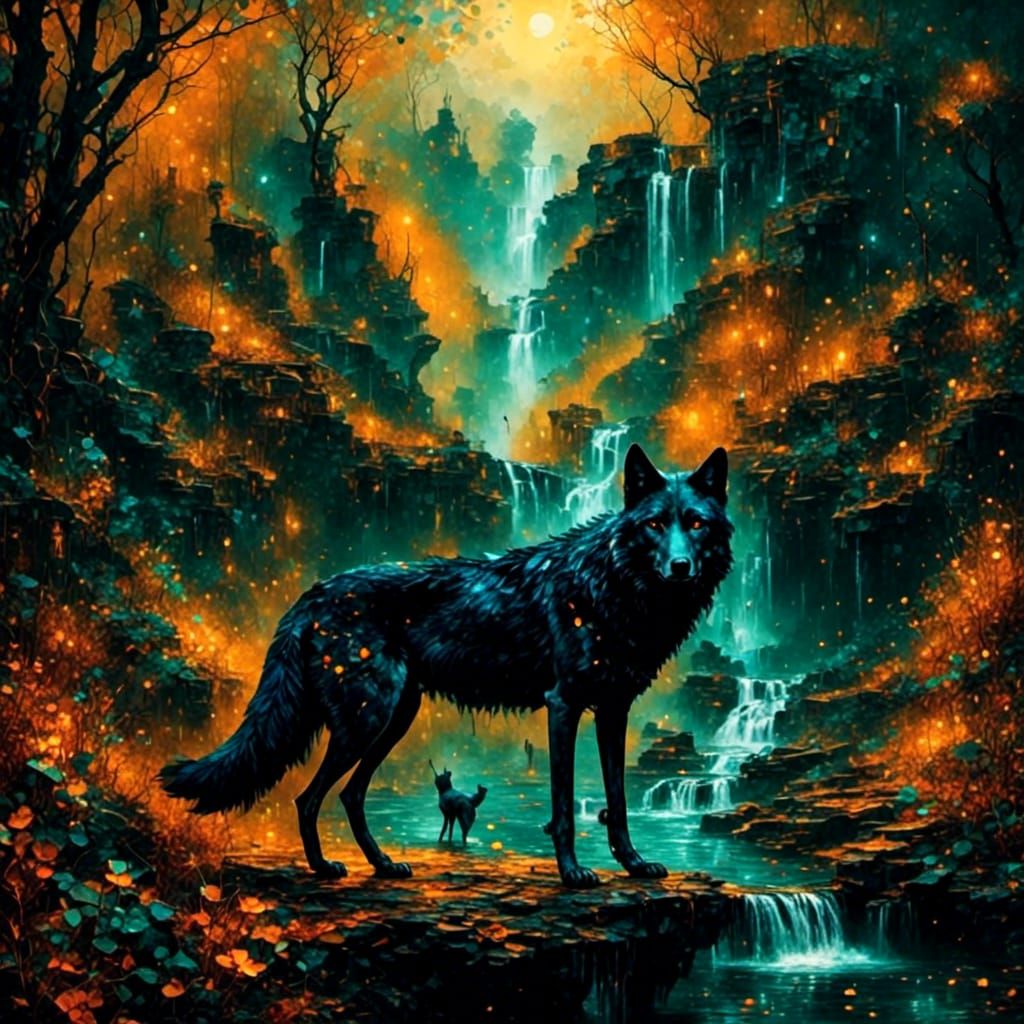 A Black wolf stands near a little waterfall and creek. <lora:Tile Sunshine:0.9> <lora:Fury2:0.9> <lora:Rough Diamond:0.9> 