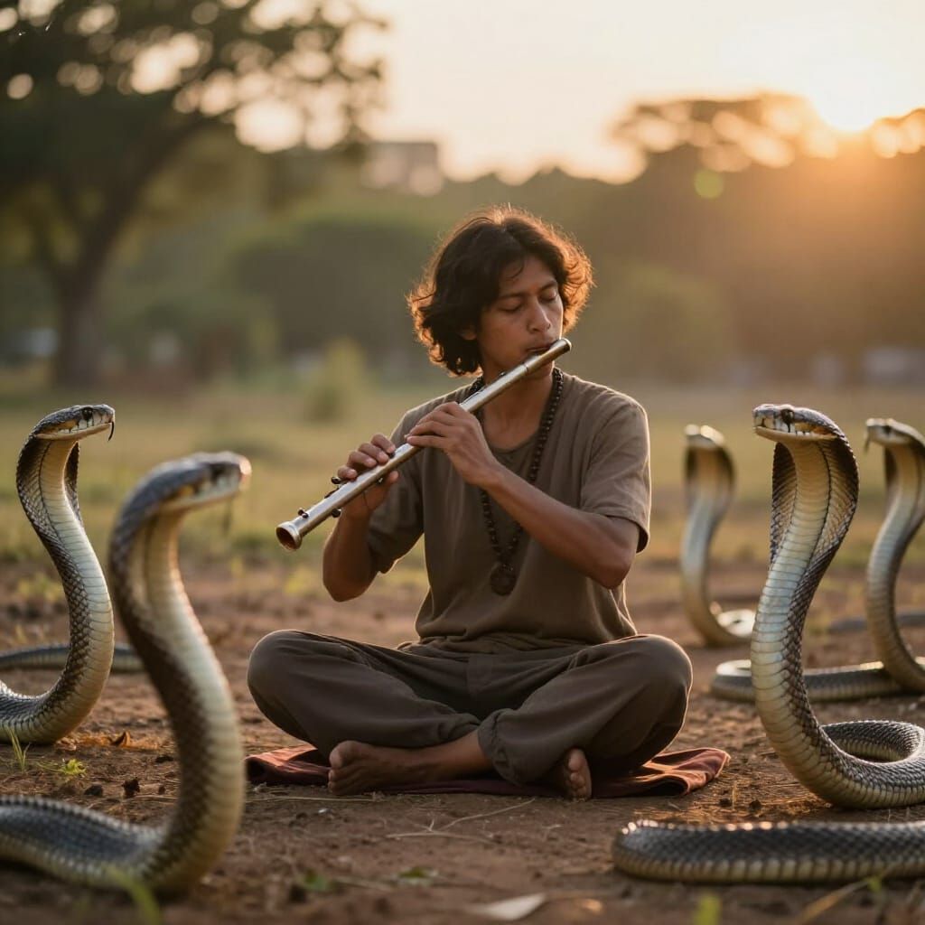 Person Playing Flute with Swaying Cobras in Golden Hour Ligh...