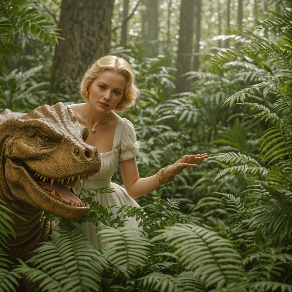 Grace Kelly Trying to Gently Lead a Dinosaur Somewhere