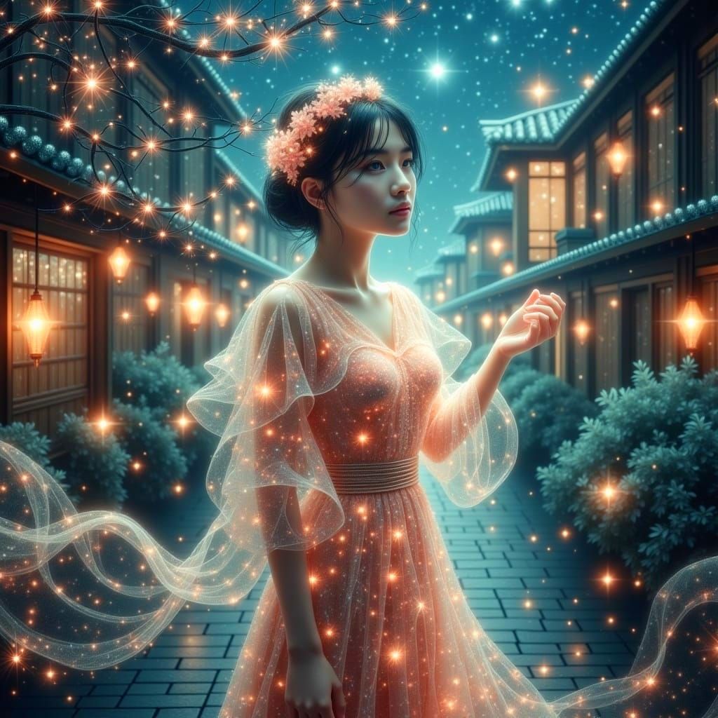 <lora:Magical Stars Flux:1.0>  a stunningly beautiful young European woman in beautiful minimalist transparent dress made of glowing pink ch...