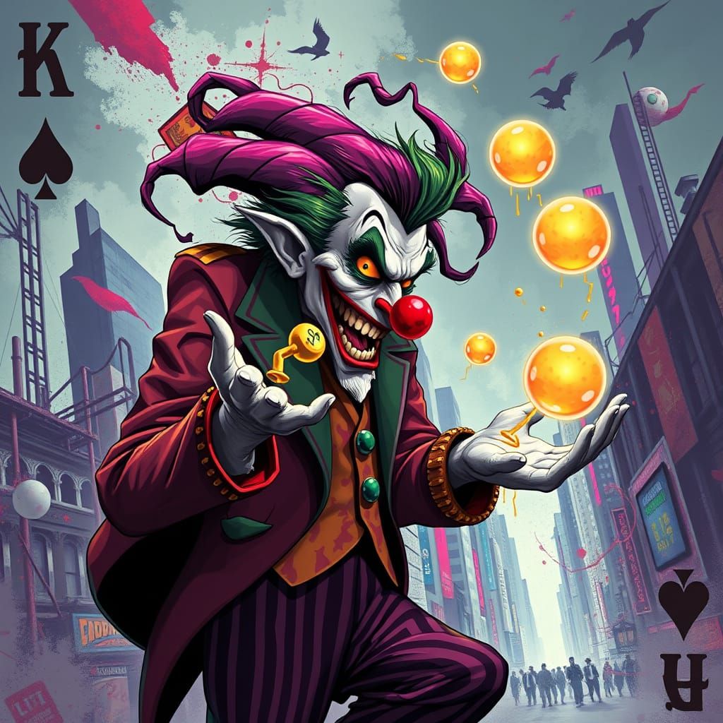 Digital illustration. The Joker, depicted as a mischievous trickster from a surrealist playing card, ...  by @Twinkletoast
