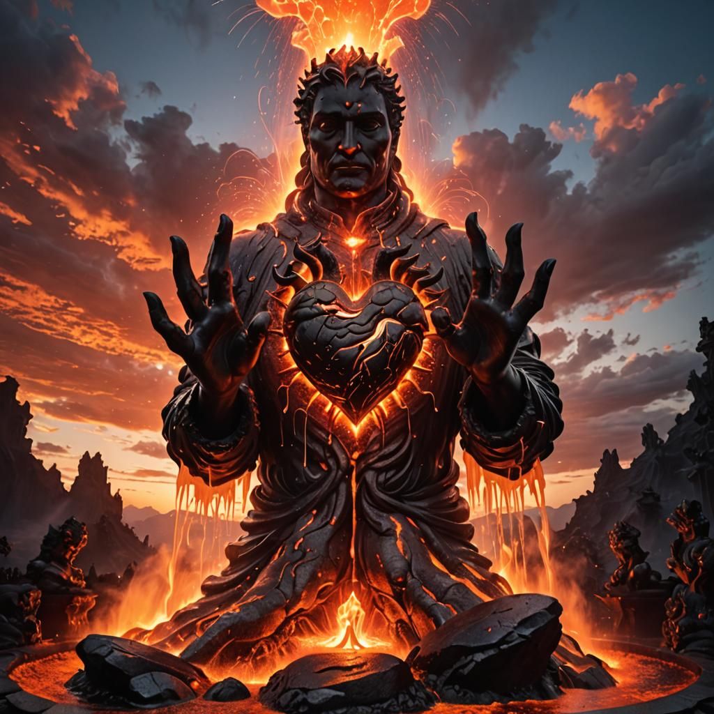 Lava Fountain: Giant Hands Cupping Stone Heart