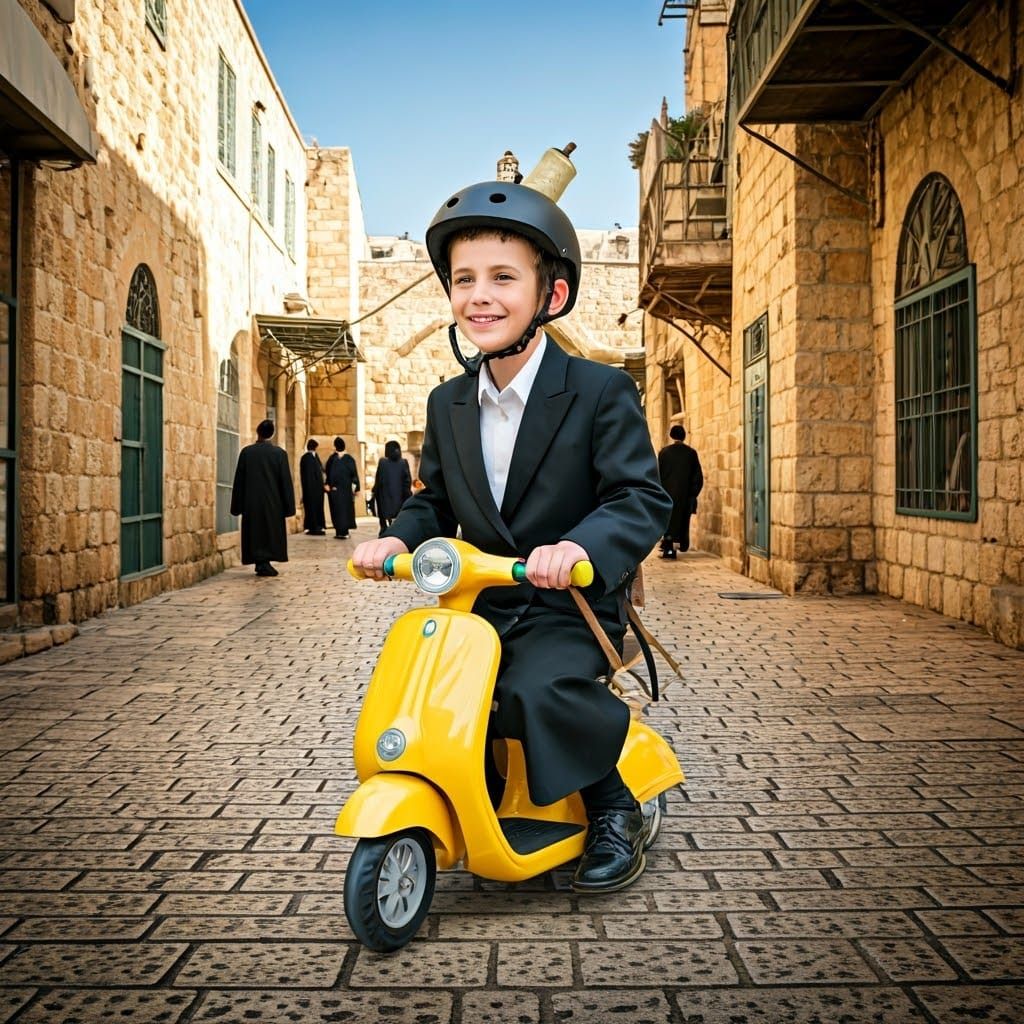 Joyful Hasidic Boy Rides Scooter Through Vibrant Jerusalem S...