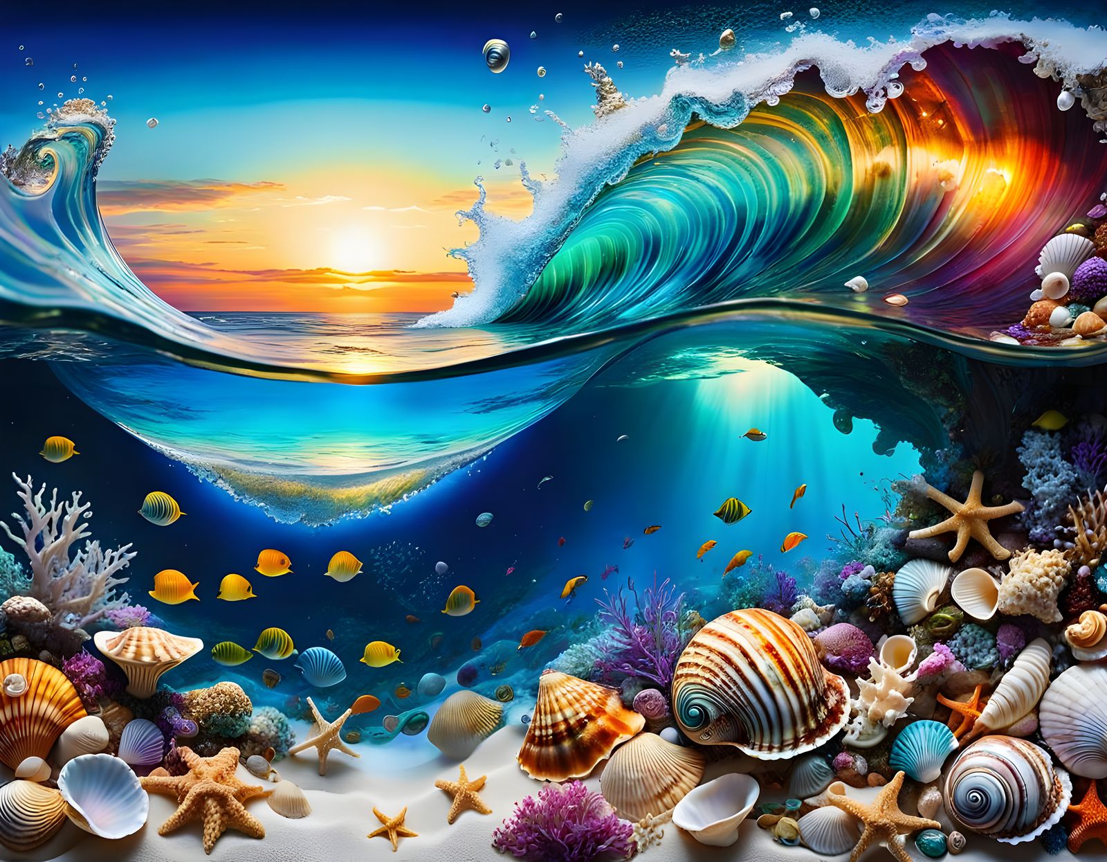 ethereal fantasy seascape filling the interior of a seashell, tiny world, vibrant colors, magical, hyperdetailed, ...  by @tsahel
