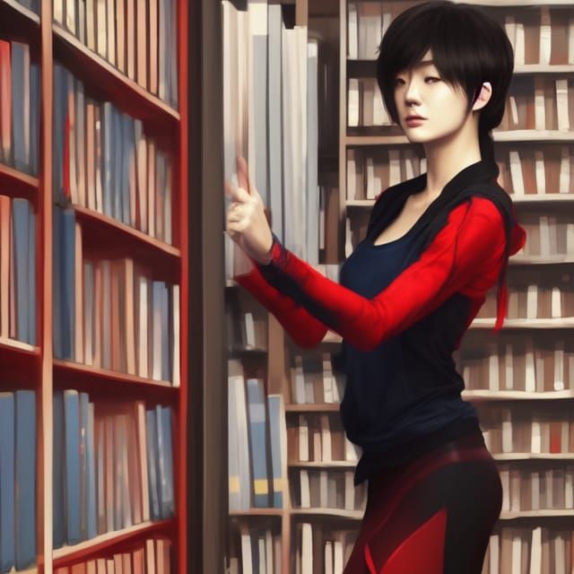 A k drama actress in the library.he is wearing a red skiner ...