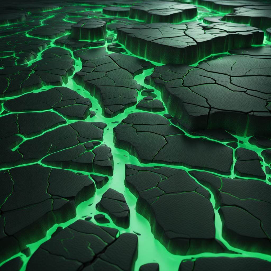 Glowing green cracks on a obsidian floor