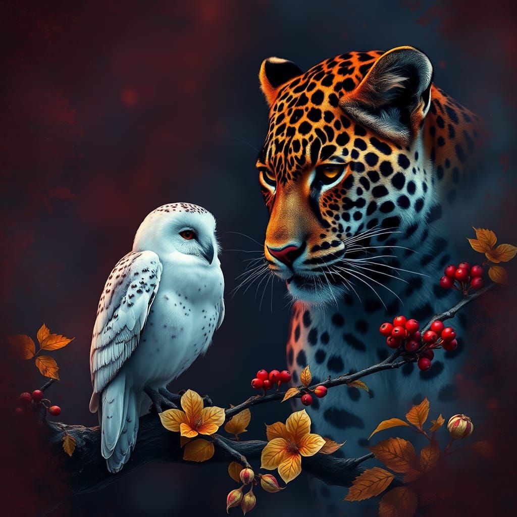 Leopard looking at a white Owl #2
