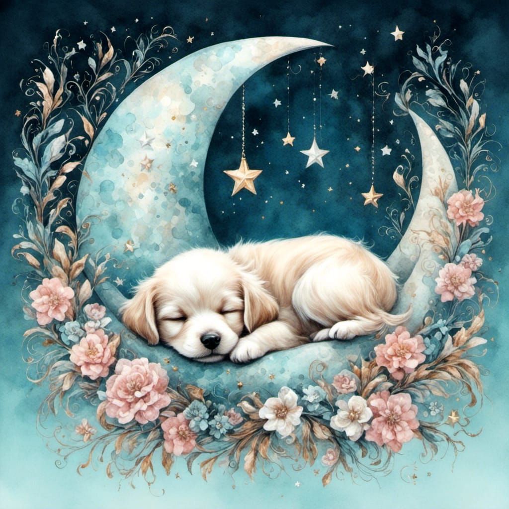  <lora:Cute2:1.0> Decorative crescent moon. A baby dog sleeps in the crescent moon. Fairytale soft colors. Surrealistic
