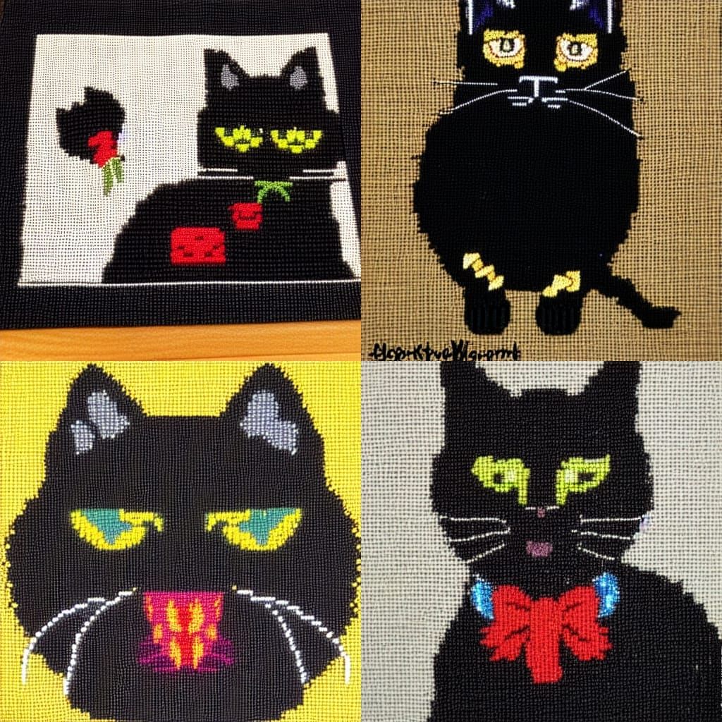 A happy black cat called Loki needlepoint AI Generated Artwork