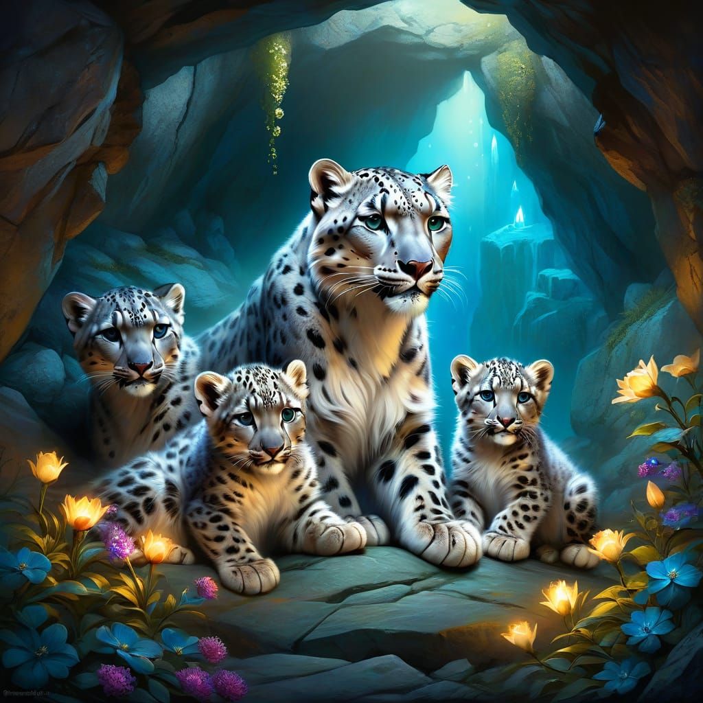 Snow Leopard with cubs in cave