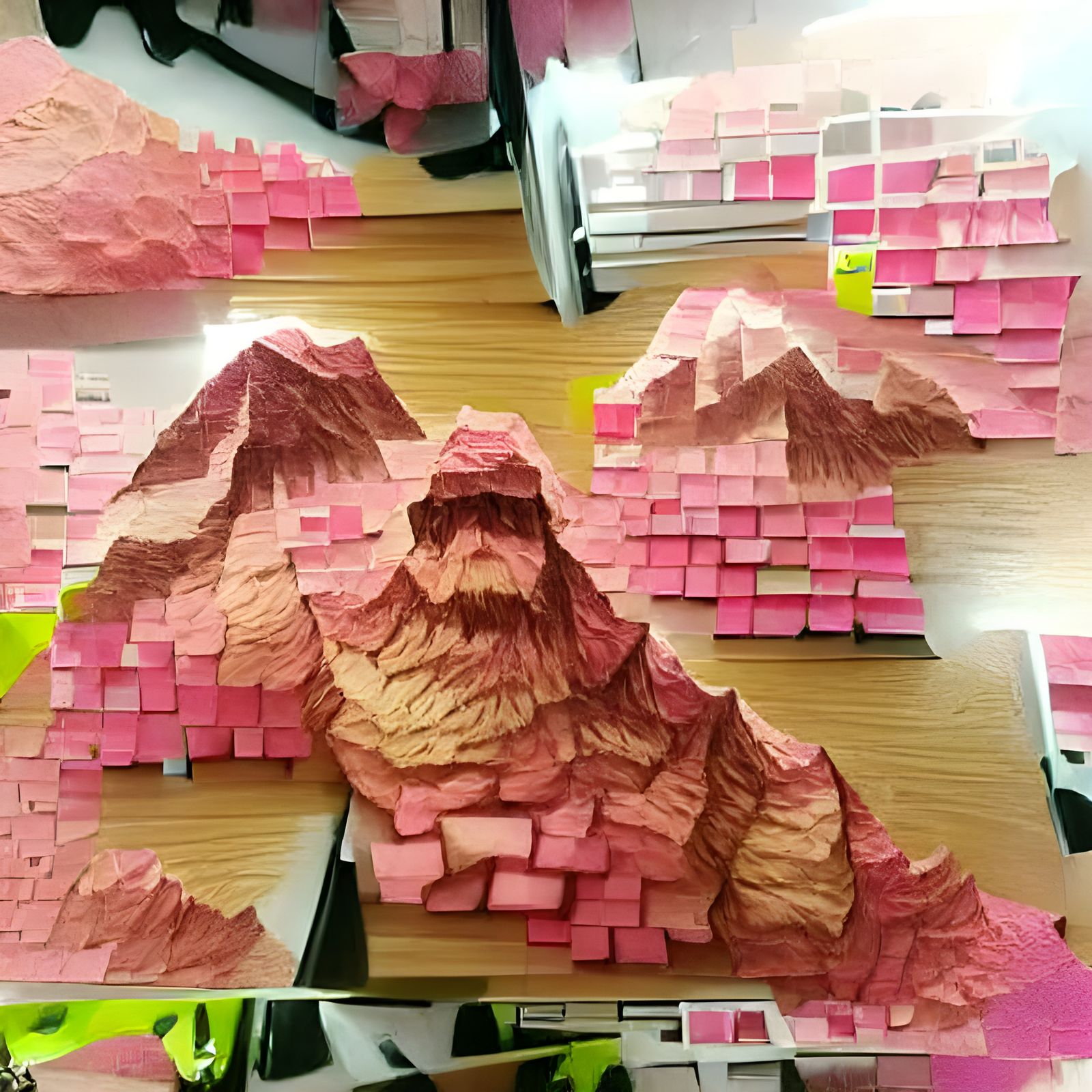 mountain made out of pink sticky notes