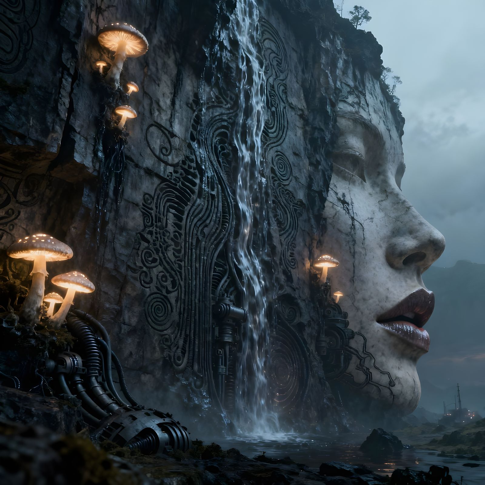 Ancient Cliff with Bioluminescent Mushrooms