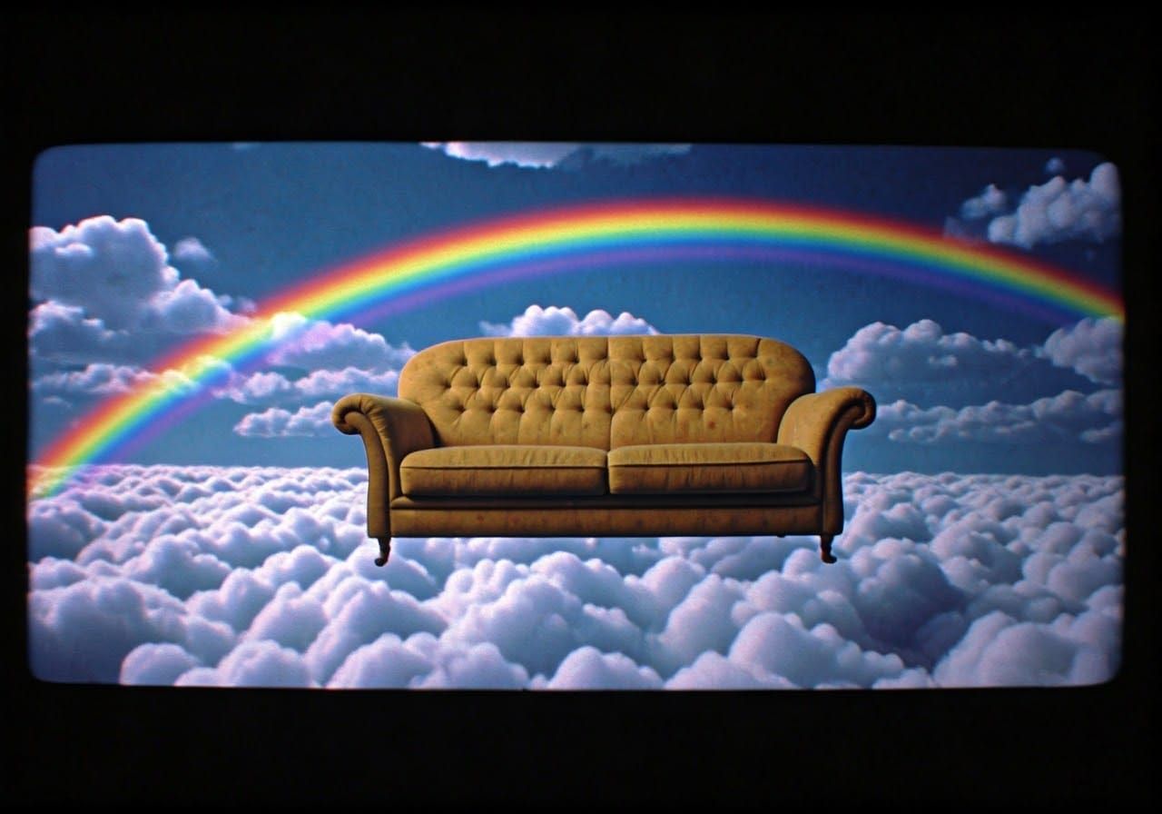 1970s film screencap of a sofa floating above thick white pu...