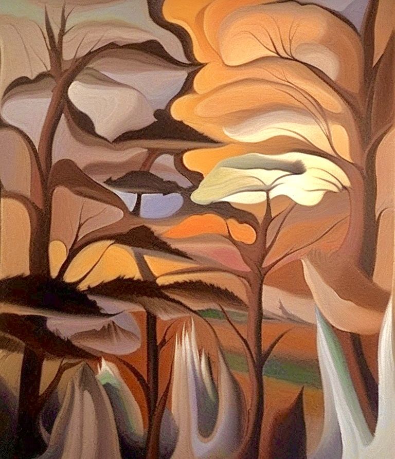 Woodland sunset in the style of Georgia O Keefe