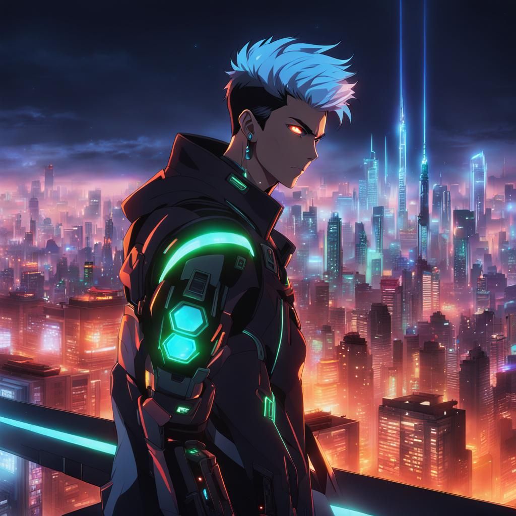 male, cyberpunk character, cyborg arm, glowing cyborg eyes, rooftop,  futuristic, background mega corporation skyline, night, neon lights, sm...  - AI Generated Artwork - NightCafe Creator