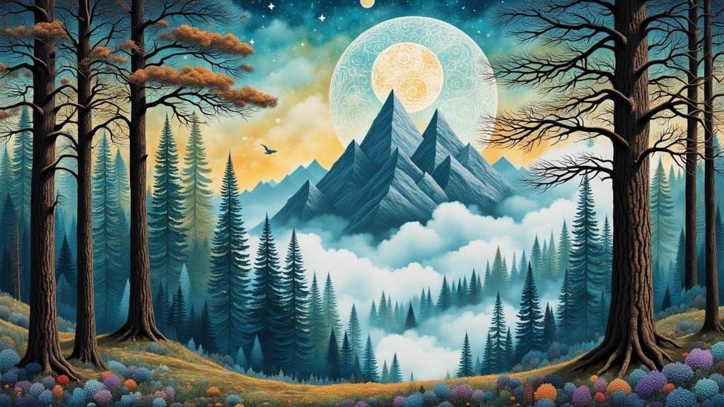 <lora:dreamy  collage:1.0> At the top of the mountain, which rests on the clouds, there is a coniferous forest, a fog and his friend full mo...