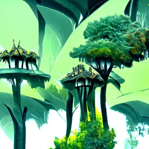 Epic fantasy forest with houses on top of the trees art deco