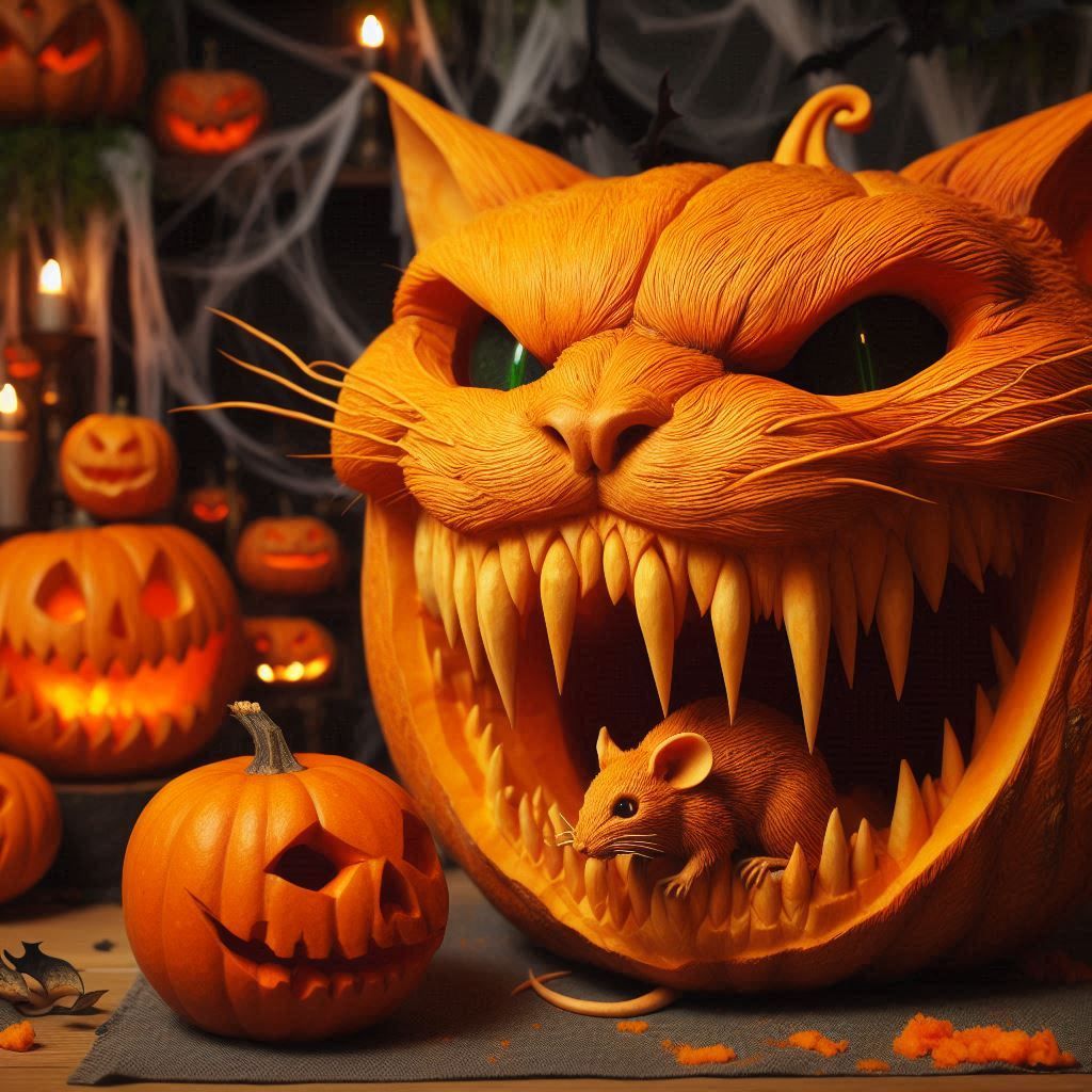 Cat Jack-O-lanterns, with mice, a series