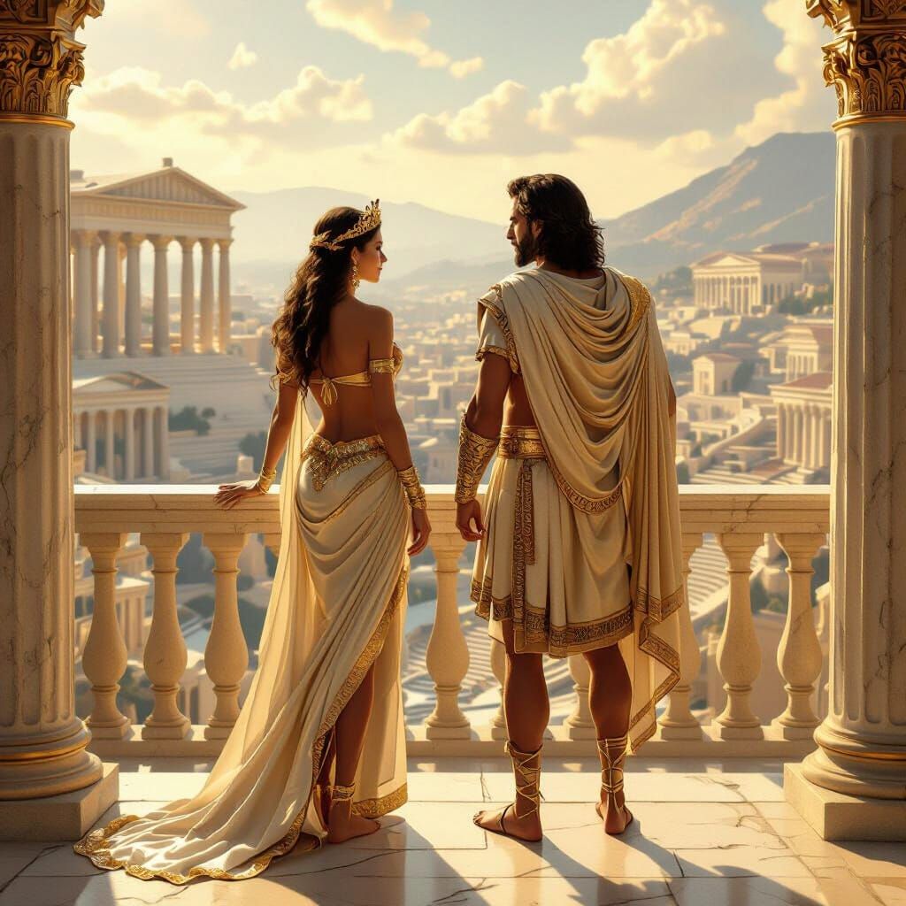 A regal queen and her devoted king standing on a balcony and behind them is a sprawli...