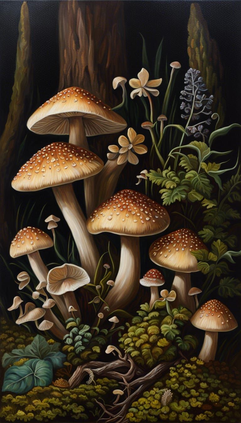 Detailed mushrooms, dark cottagecore, botanical, oil painting - AI ...