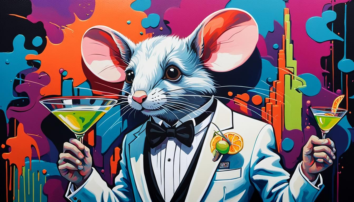 suave MOUSE, wearing a white tuxedo, holding a martini glass...