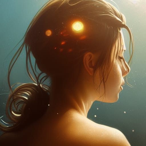A girl with a bun in her hair laying in a pool of clear wate...