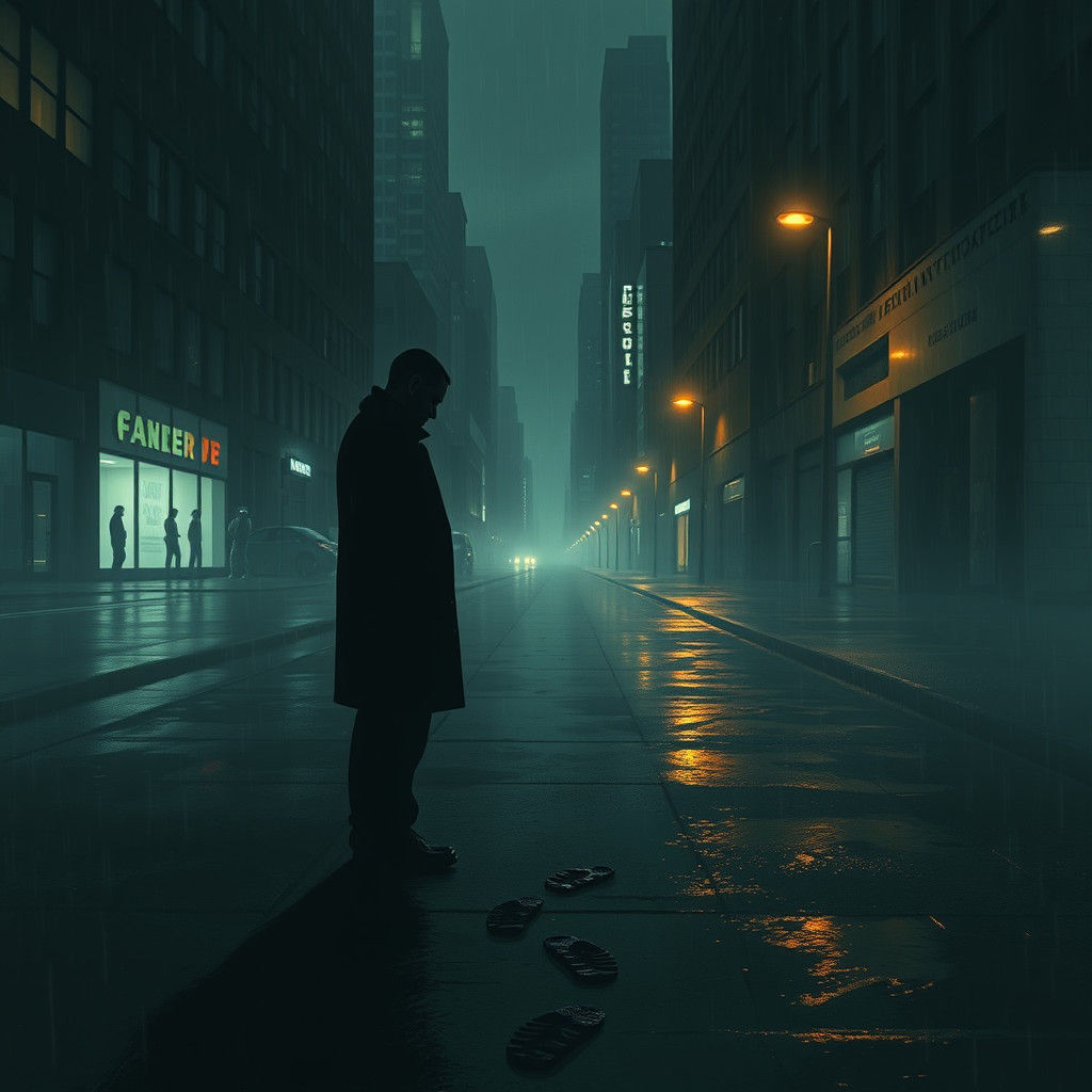 Melancholic Figure in Rainy Cyberpunk Cityscape