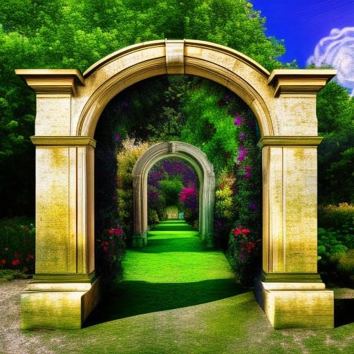 stone archway into a beautiful secret garden, hyperdetailed, Van Gogh ...