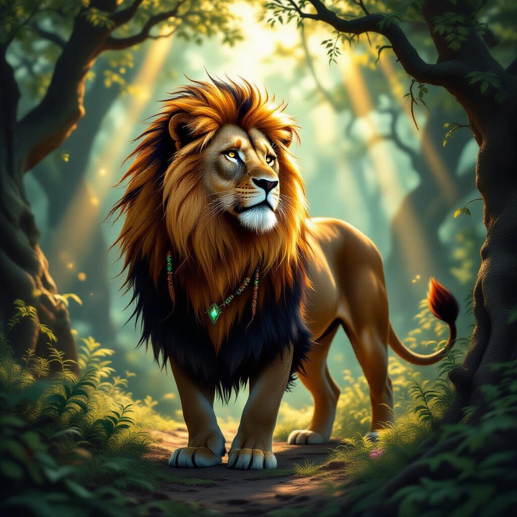 Lion with Fiery Mane in Mystical Forest