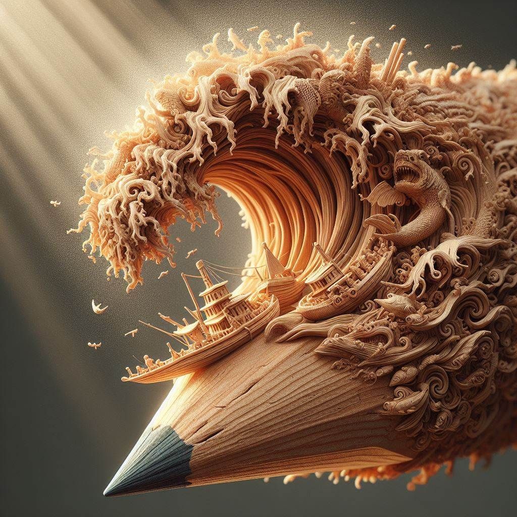 The big wave, sculpture on wooden pencil  by @CloST 