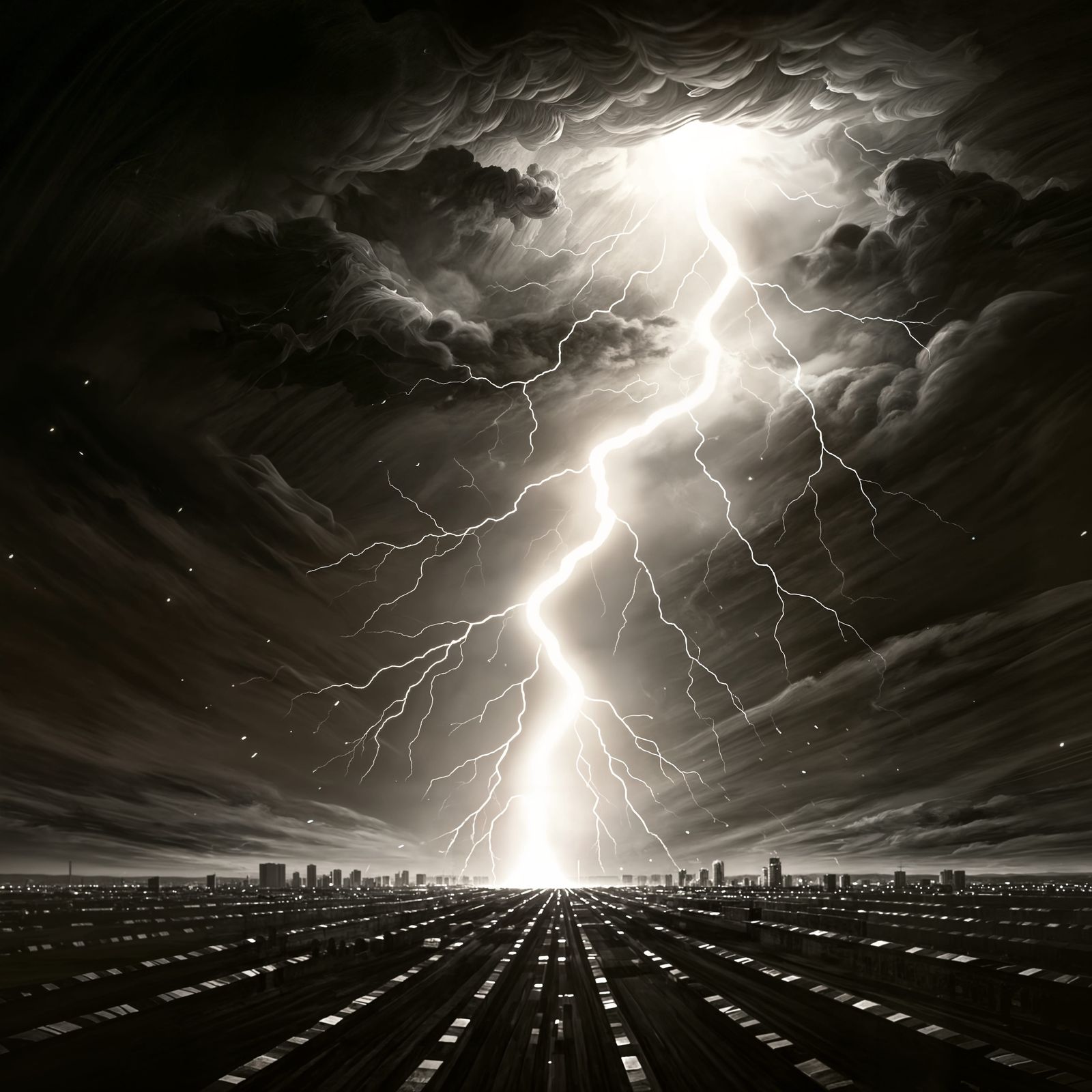 Spectacular Lightning Bolt Splits City: Charcoal Art