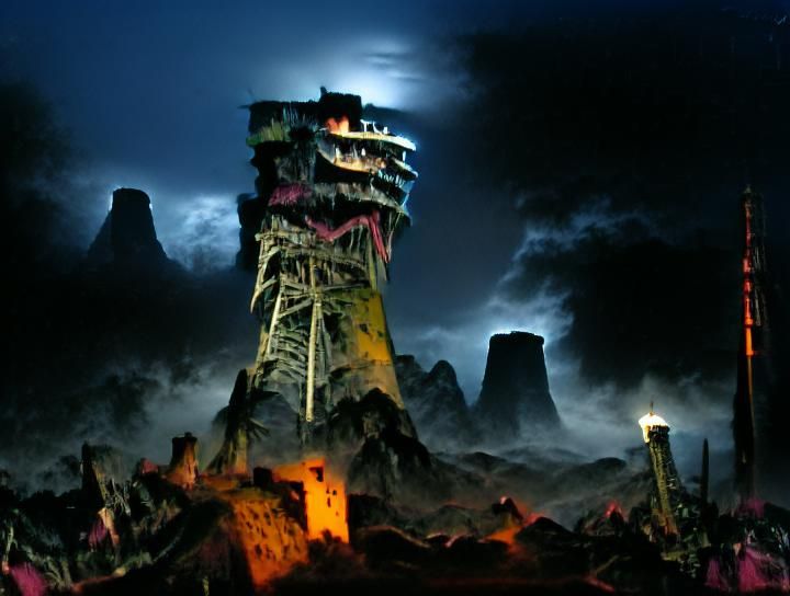 Dark Tower at night in scary landscape