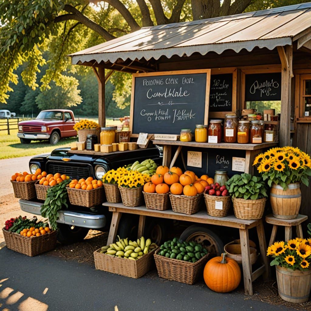 A rustic farmstand by the roadside, wooden tables filled with baskets of seasonal produce like apples, ...  by @alx