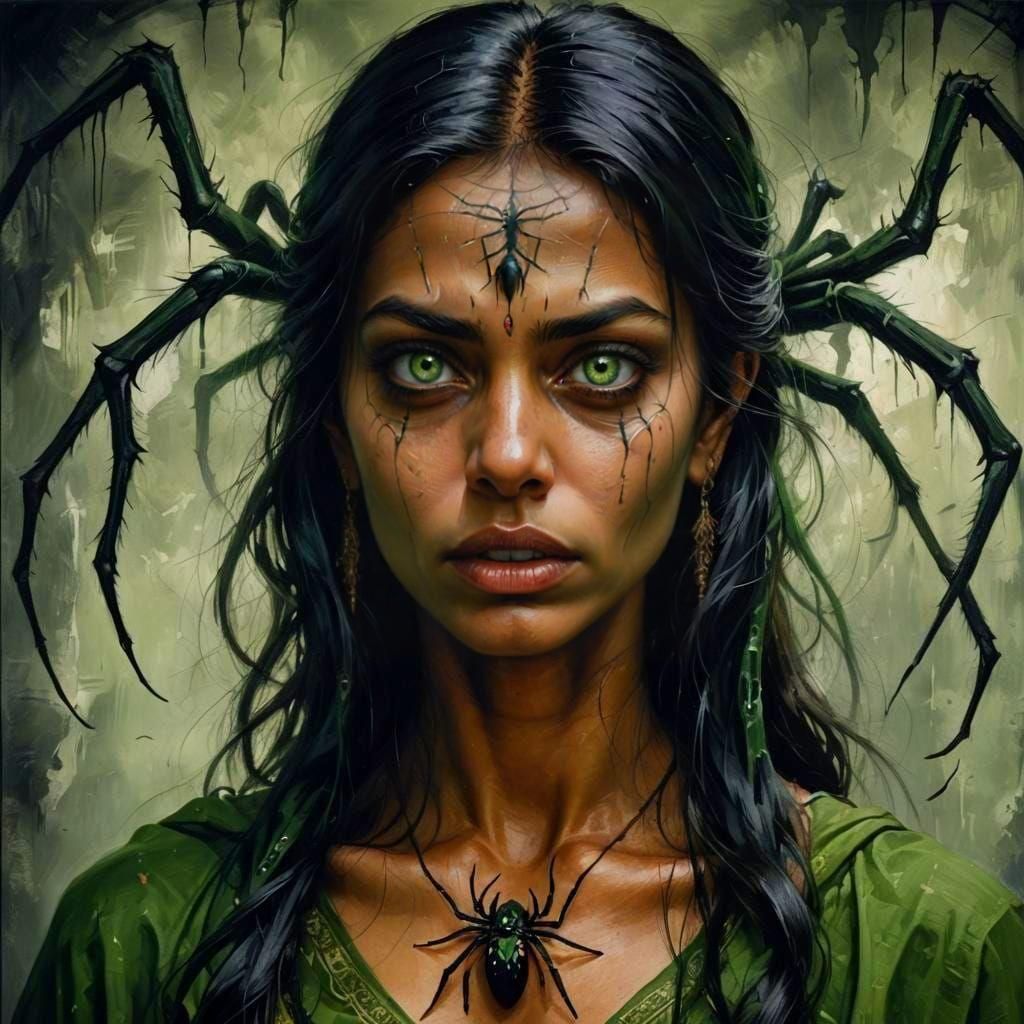 The format is good.  her eyes are wide with fear and tears fall
there is a large spider on her shoulder

the indian woman has fear in her gr...