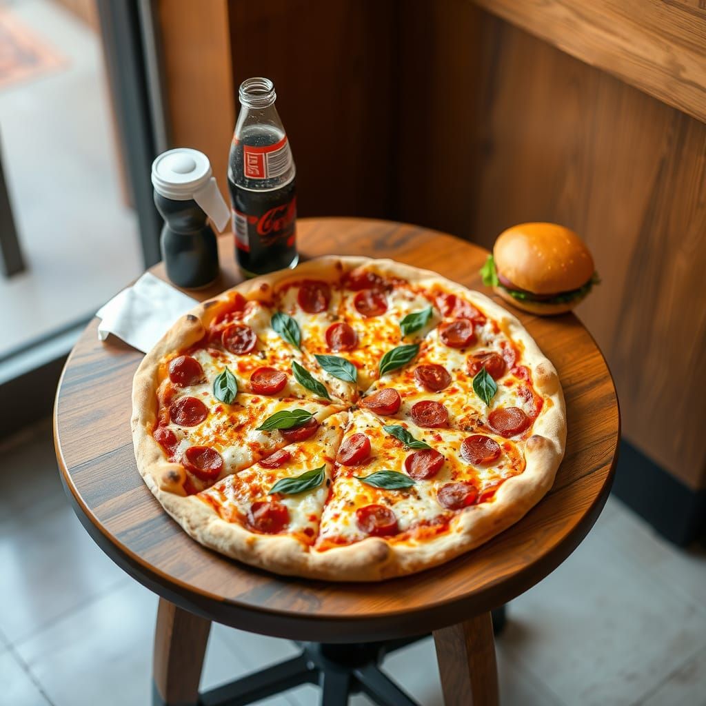 Enticing Pizza Tray Still Life with Burger and Cola