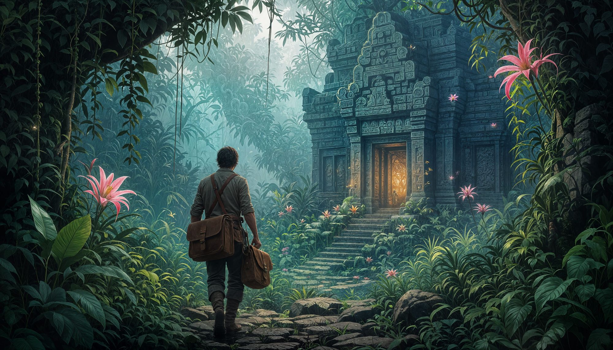 A dynamic anime action sequence depicts a nimble explorer leaping between colossal, crystalline structures in a vibrant, otherworldly city. ... - Start Image 1