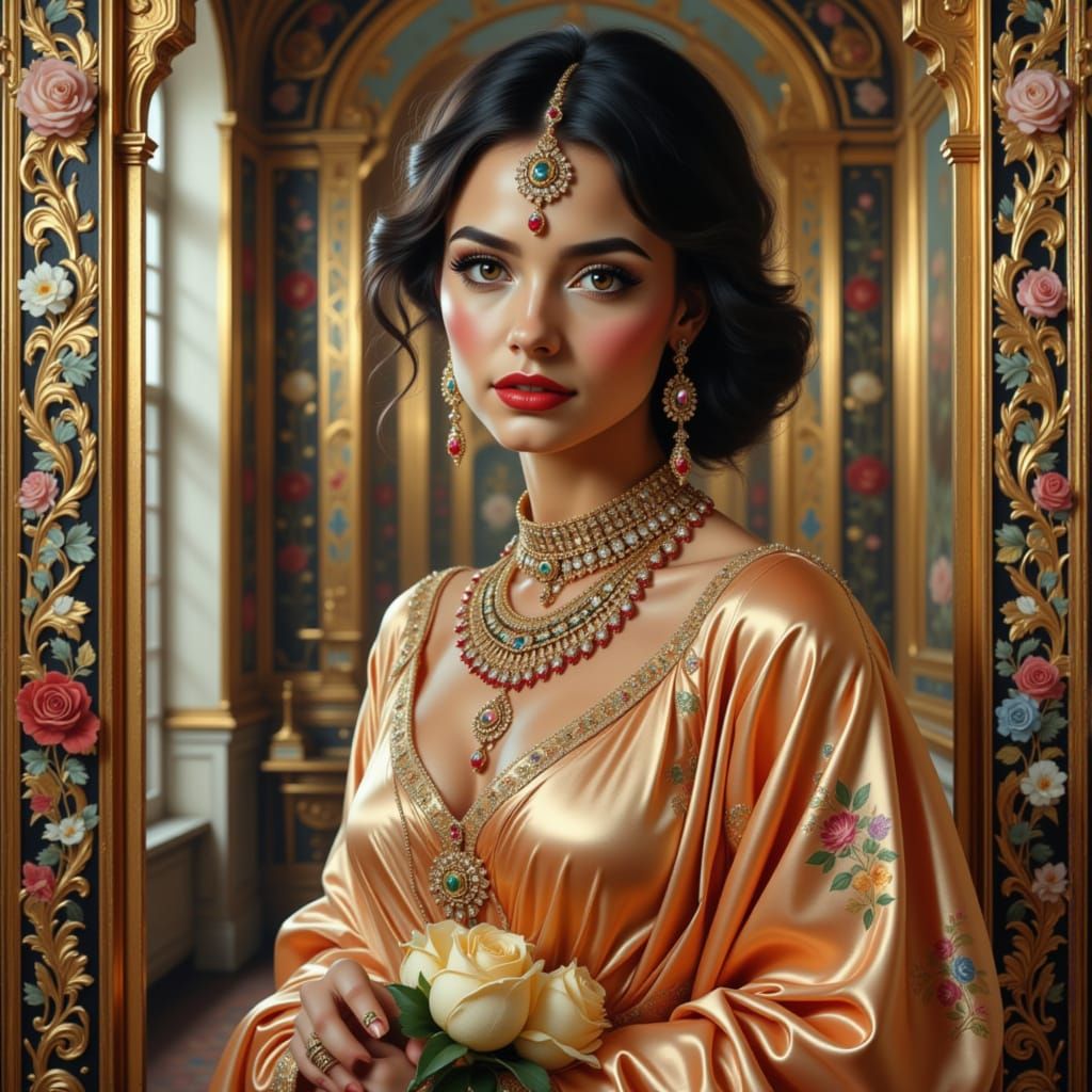 Regal Woman in Mirror Hall, Impasto Style